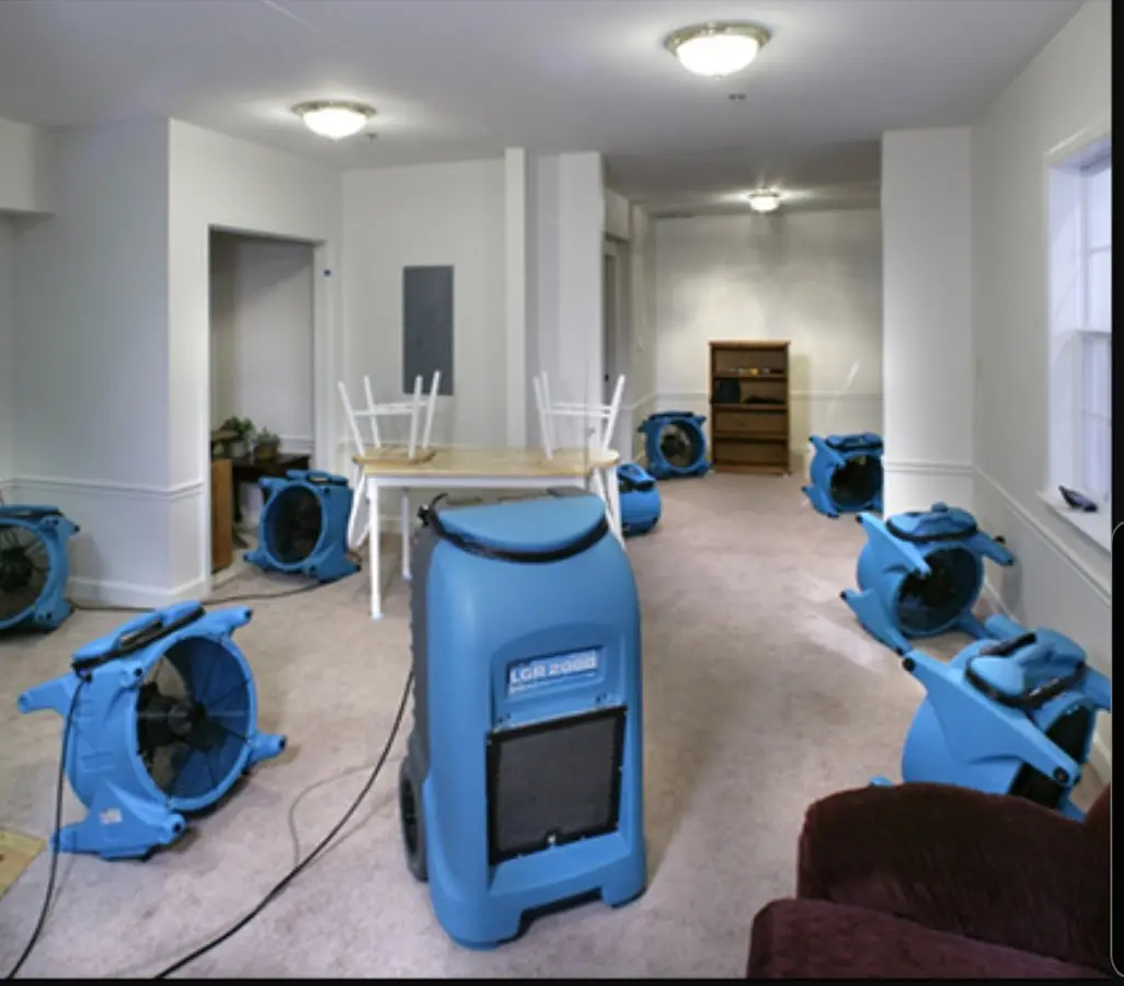 Air movers and dehumidifier setup for Water Damage Restoration in Pitman